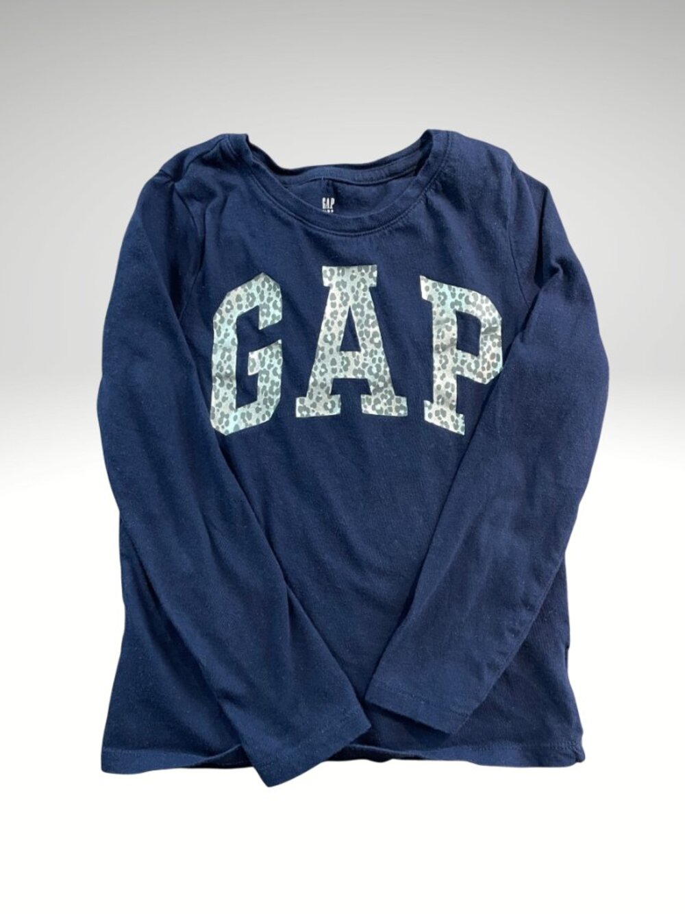 GAP Navy Blue Long Sleeve Tee w/ Cheetah Print Lettering Size Small (SKU: 29G)